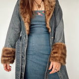 Y2k Faux Fur Denim Trench Coat