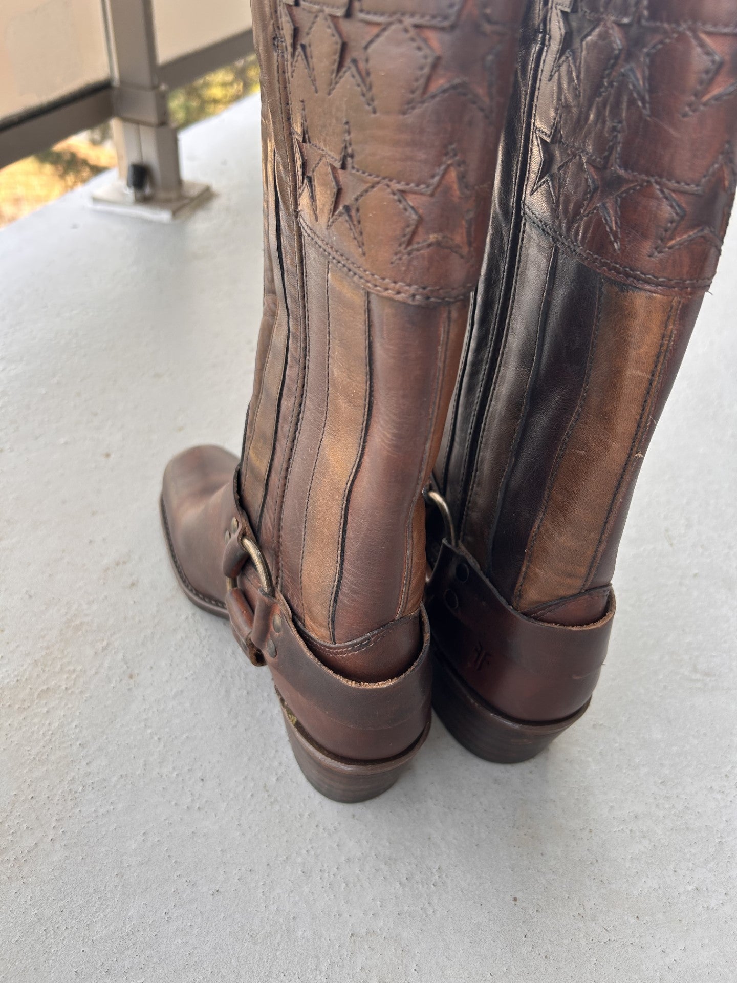 Back of Frye cowboy boots with harness