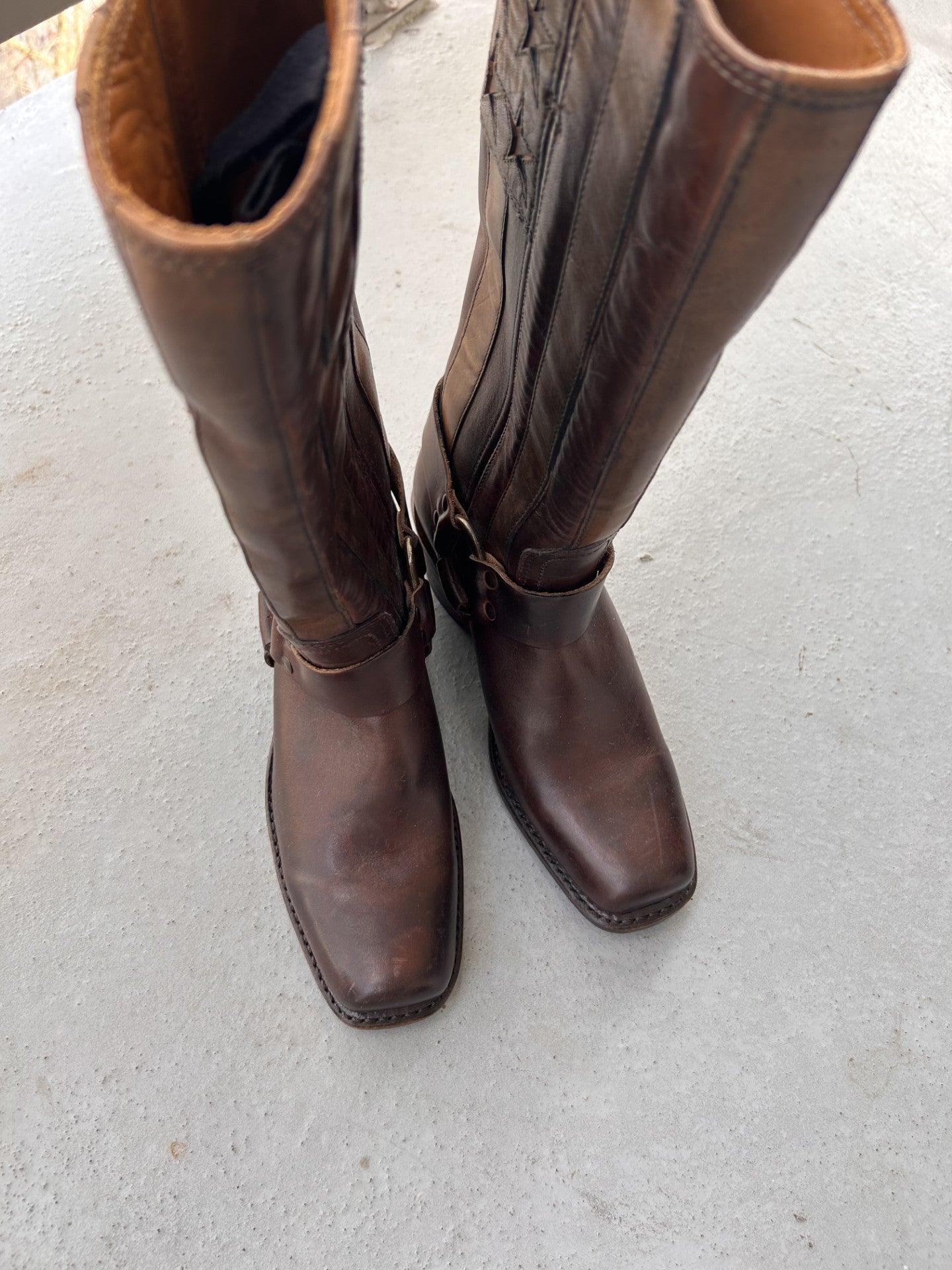 Top of Frye cowboy boots with harness